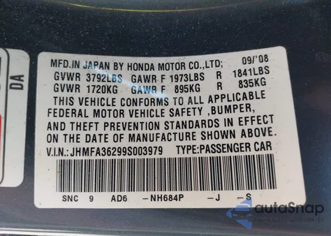2009 Honda Civic Hybrid from USA, damaged, VIN JHMFA36299S003979